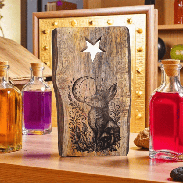 Moon-Gazing Fox Etched Mango Wood Board – Mystical Nature Design