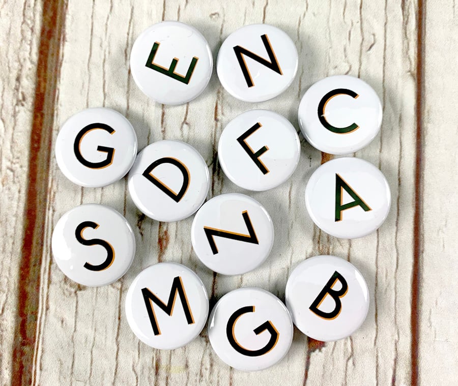 Alphabet badges black letters 'Branson' font. Two Sizes: 25mm, 38mm Pin Button