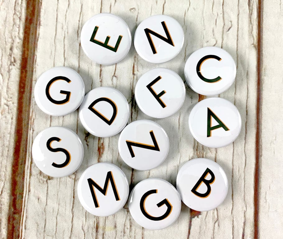 Alphabet badges black letters 'Branson' font. Two Sizes: 25mm, 38mm Pin Button