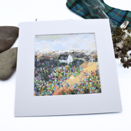 A Scottish landscape - mounted painting - cottage - acrylic painting - flowers