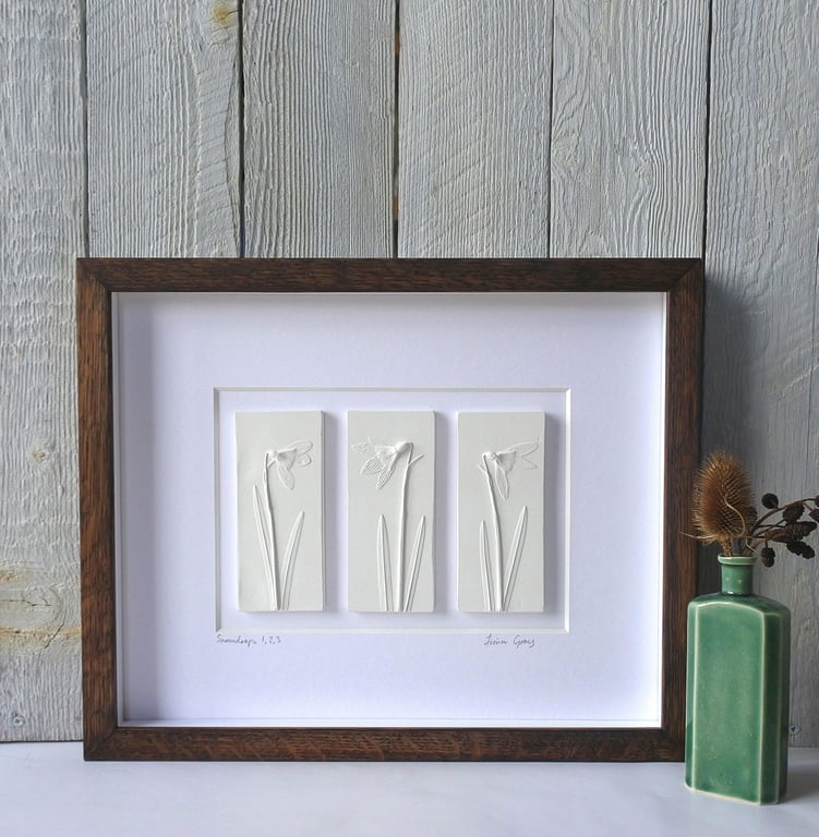 Framed Mini Snowdrop plaster cast Plaques in handmade Oak frame