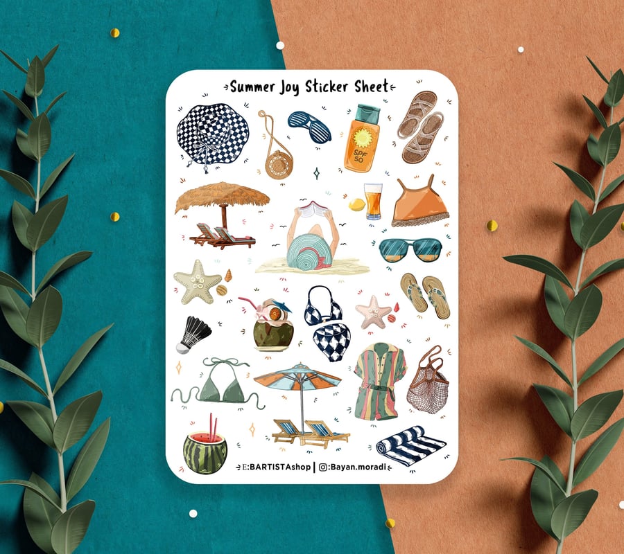 Summer Joy sticker sheet , beach time stickers , planner stickers , journal kit