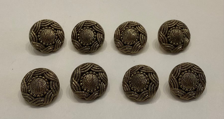 Buttons, brass coloured, metallic, textured, set of eight