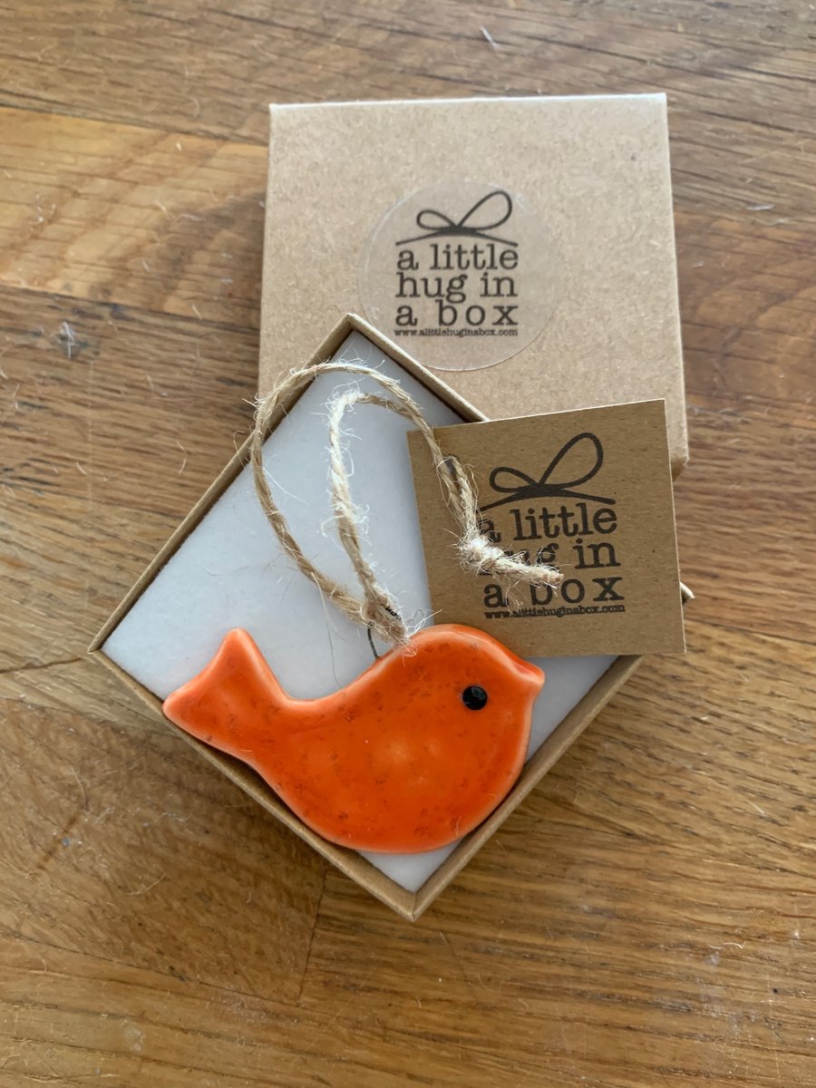  A Little Hug in a Box Hand Made orange speckled Porcelain Bird  