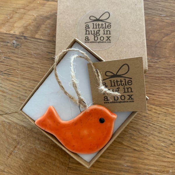  A Little Hug in a Box Hand Made orange speckled Porcelain Bird  