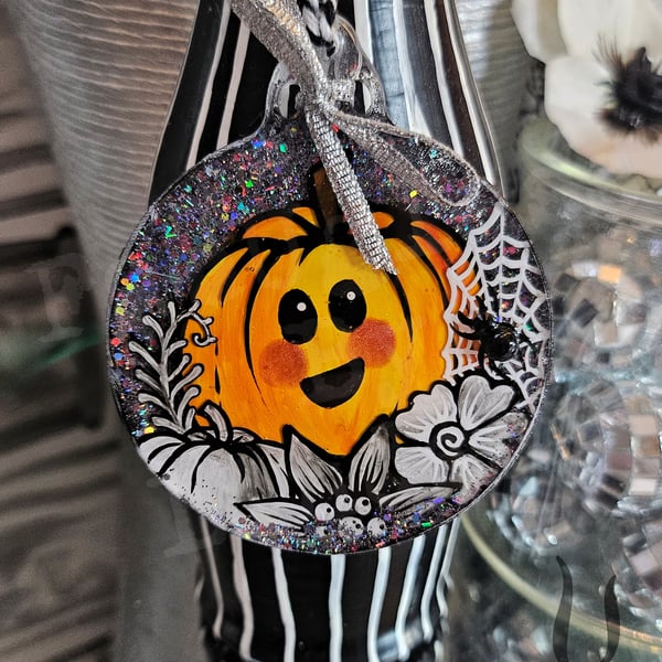 Pumpkin decoration- handpainted pumpkin set in resin