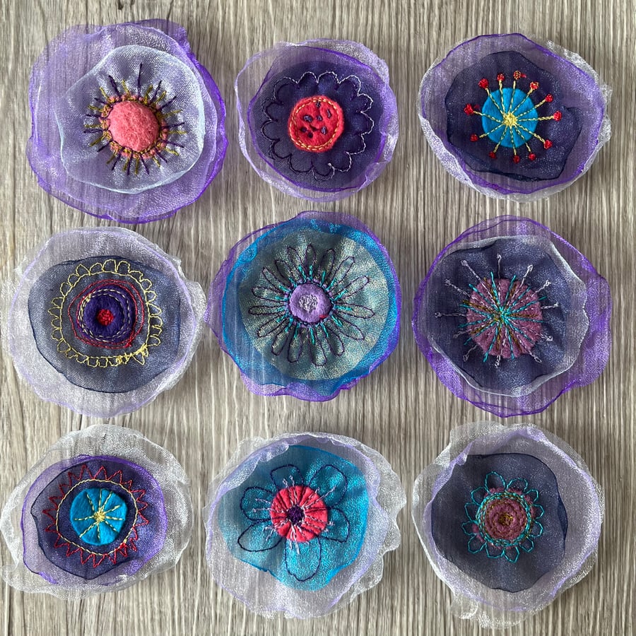 Nine Organza Embroidered Flower Embellishments 