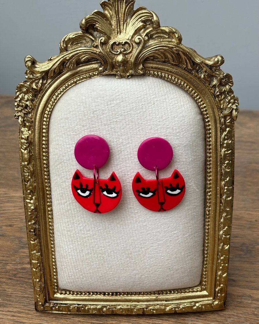 Handmade clay earrings, Cat earrings ultra light