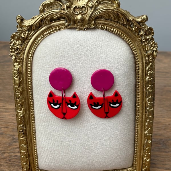 Handmade clay earrings, Cat earrings ultra light