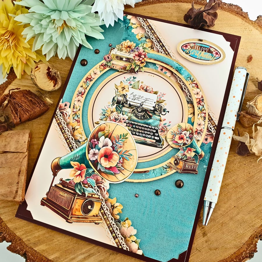 Happy Birthday Card With Typewriter & Gramophone In Teal, Beige & Brown