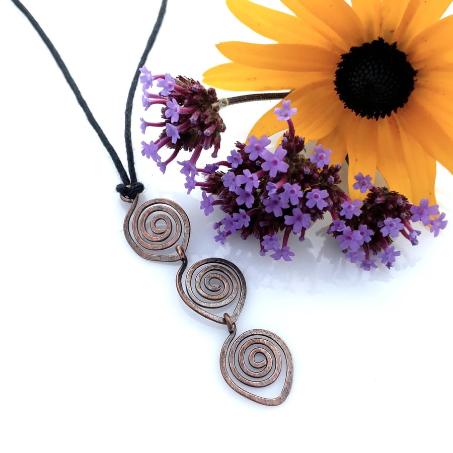 Triple Spiral Copper Pendant, Adjustable Celtic Necklaces, Drop Pendant