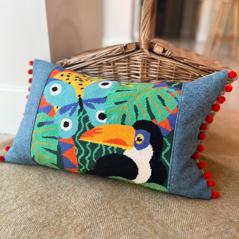 Toucan tapestry cushion cover with vintage wool and pompoms