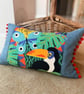 Toucan tapestry cushion cover with vintage wool and pompoms
