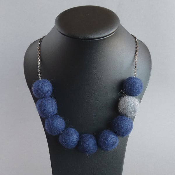 Navy Blue and Grey Felt Necklace - Dark Blue Chunky Felted Bead Necklaces