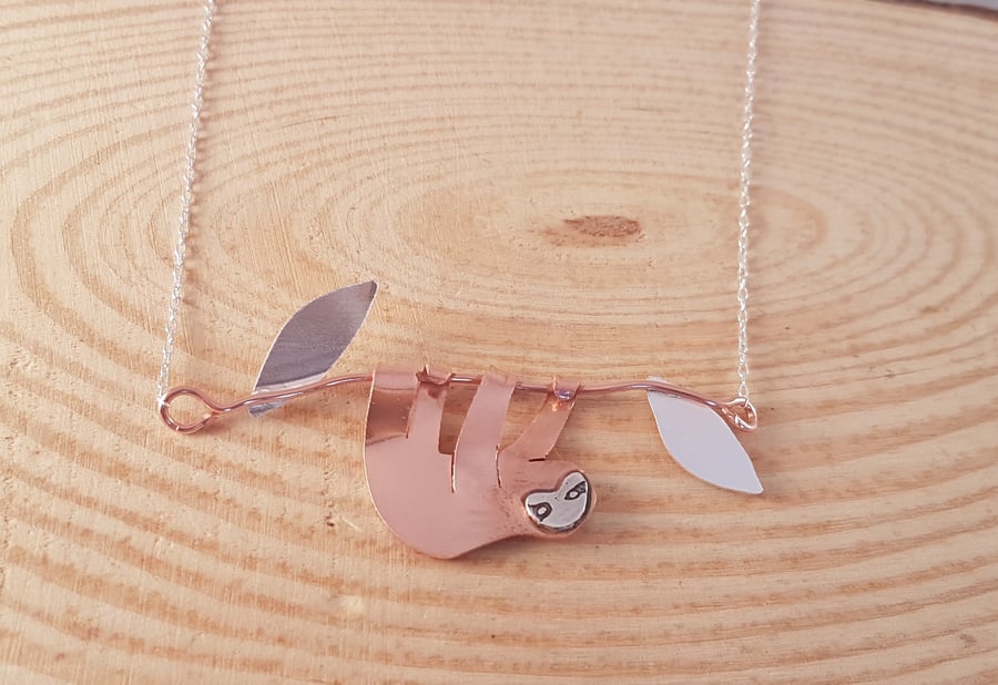 Sterling Silver and Copper Etched Sloth Necklace Pendant