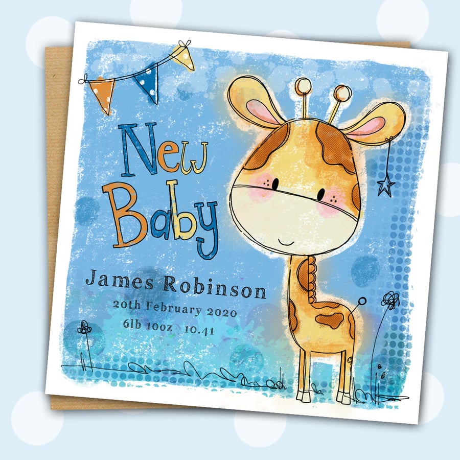 New Baby Giraffe-y boys personalised white square card