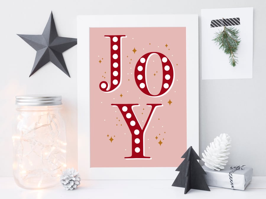 Traditional Red Joy Christmas Art Print, Red Christmas Decor.