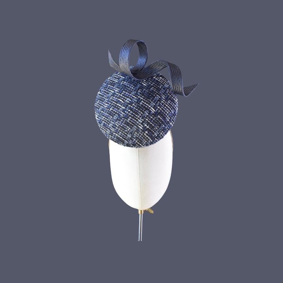 Navy Blue Tweed Fascinator – Statement Percher Hat for Weddings & Occasions