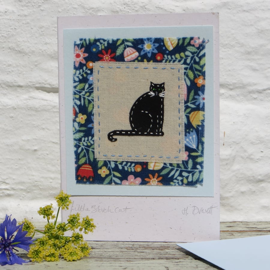 Little Black Cat hand-stitched miniature on card - good luck!