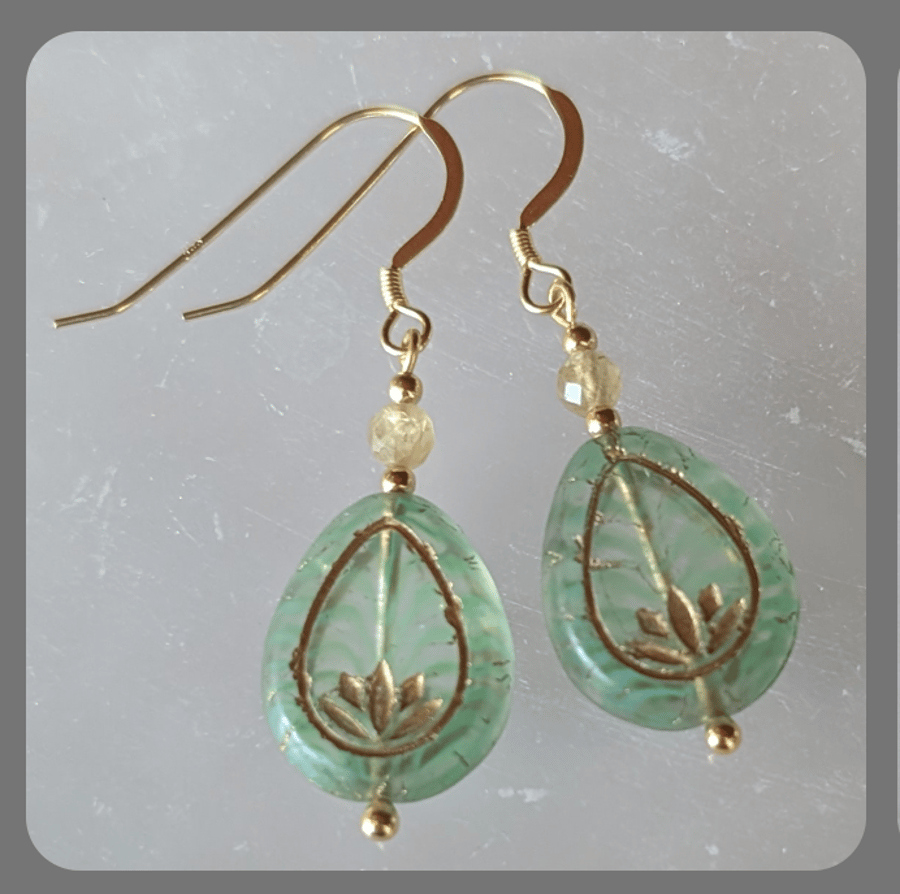 Green Czech Glass Drop, Yellow Apatite and Vermeil Earrings