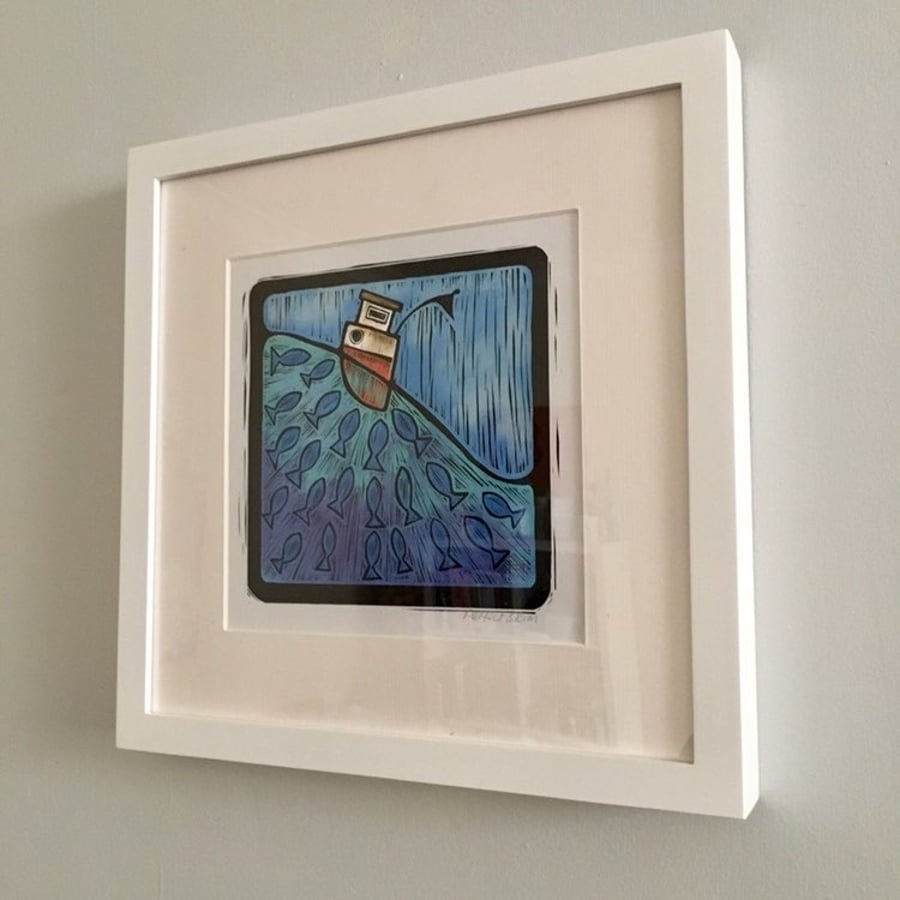 Art print illustration Cornwall  wall art fishing boat and seascape framed