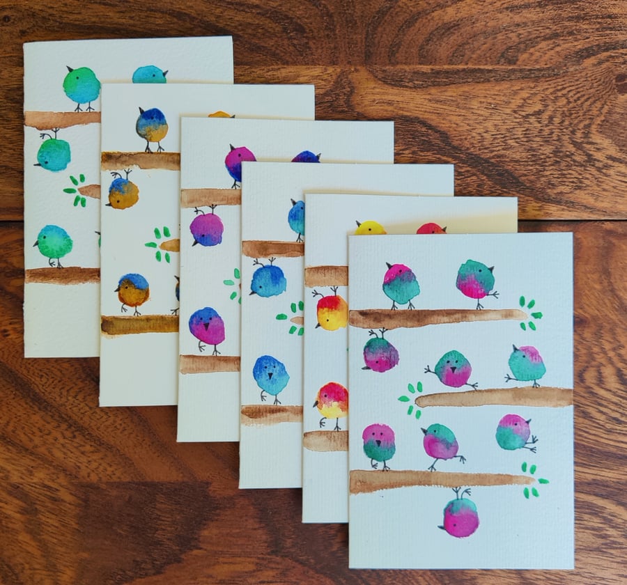 Original Hand-Painted Colourful Cute Bird Card Set of 3 or 6, Colour Choice 