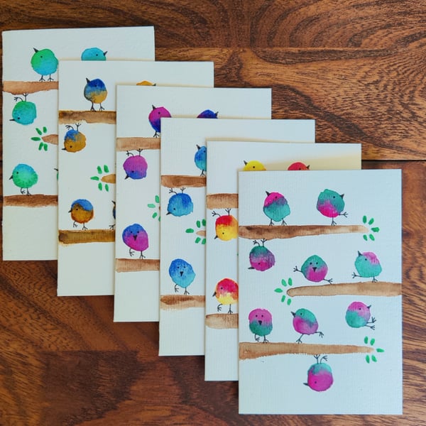 Original Hand-Painted Colourful Cute Bird Card Set of 3 or 6, Colour Choice 