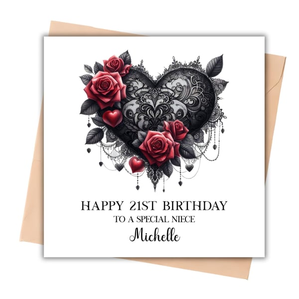 Red Floral Black Lace Happy Birthday Card