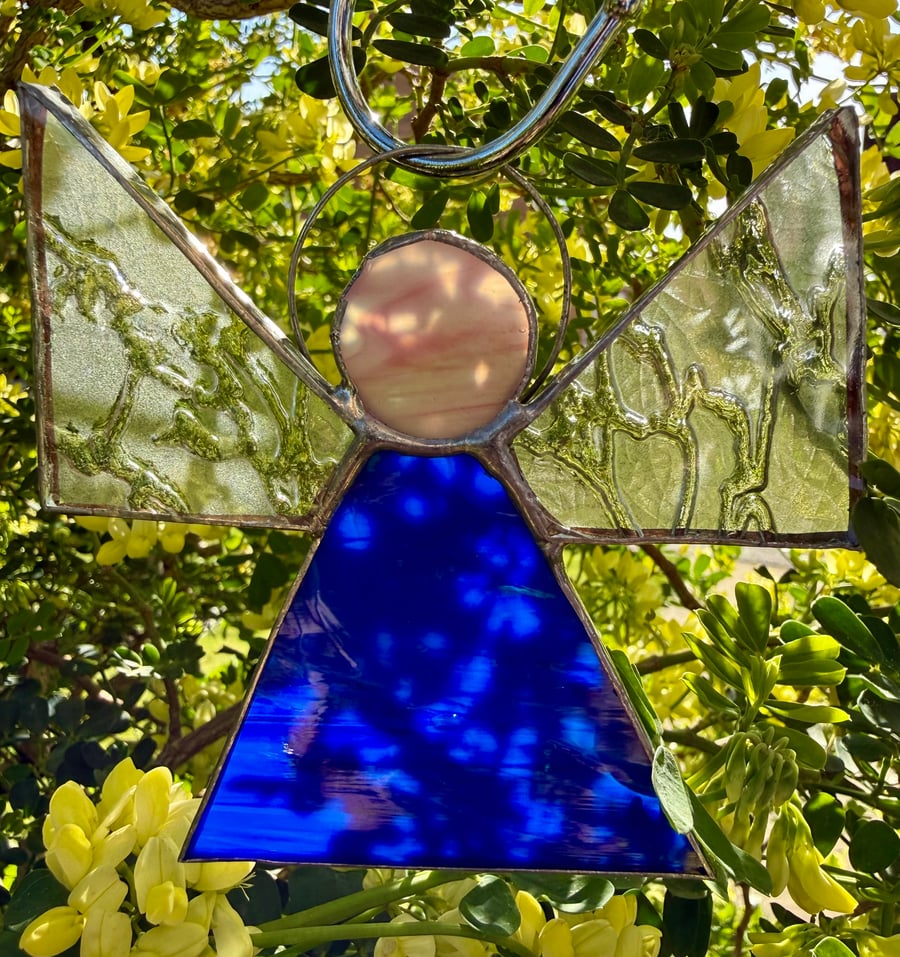 Stained Glass Triangle Angel - Royal blue with deep-textured clear wings