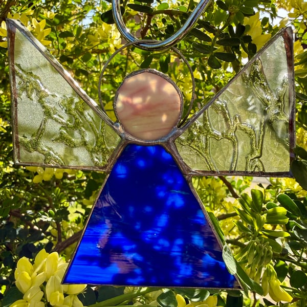Stained Glass Triangle Angel - Royal blue with deep-textured clear wings