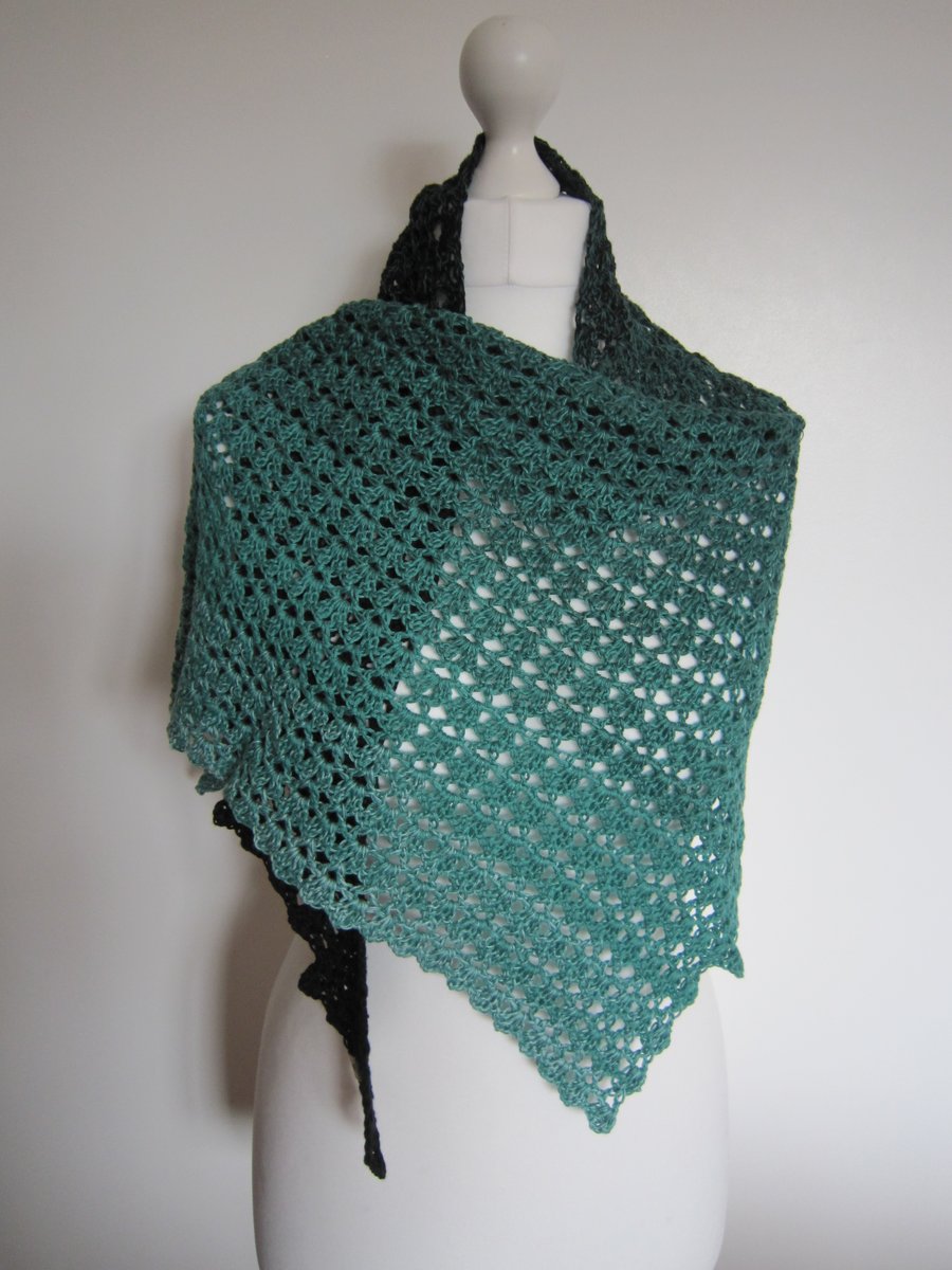 Green shawl, scarf, black, hand crochet, ladies shawl 