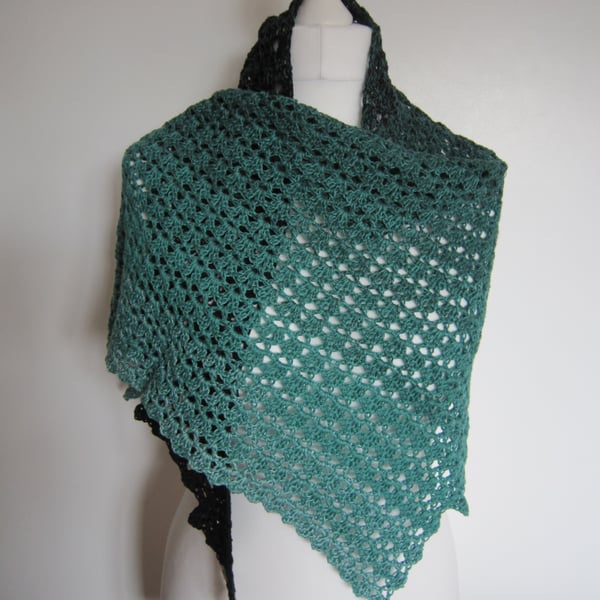 Green shawl, scarf, black, hand crochet, ladies shawl 