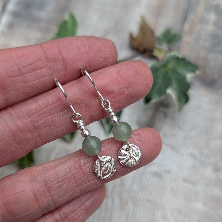 Green Aventurine and Silver Leaf Disc Earrings - JBJ1125