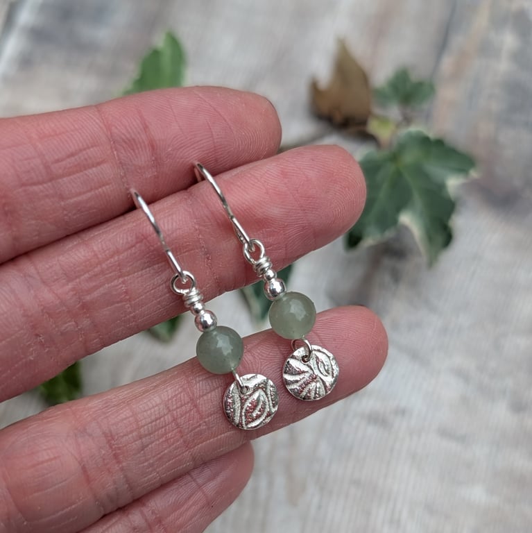 Green Aventurine and Silver Leaf Disc Earrings - JBJ1125