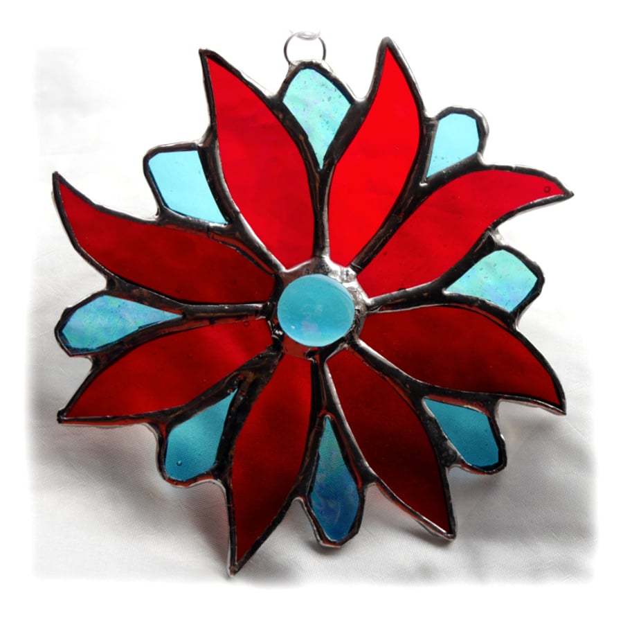 Bright Flower Stained Glass Suncatcher Red Turquoise