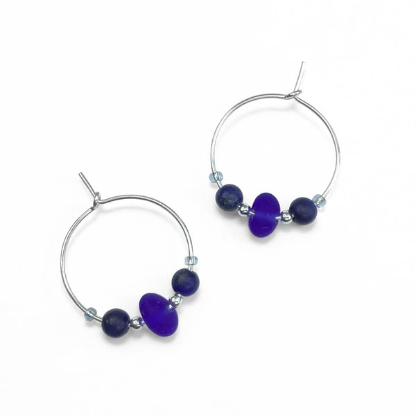 Blue Glass Hoop Earrings. Small Blue Sterling Silver Lapis Lazuli Beaded Hoops