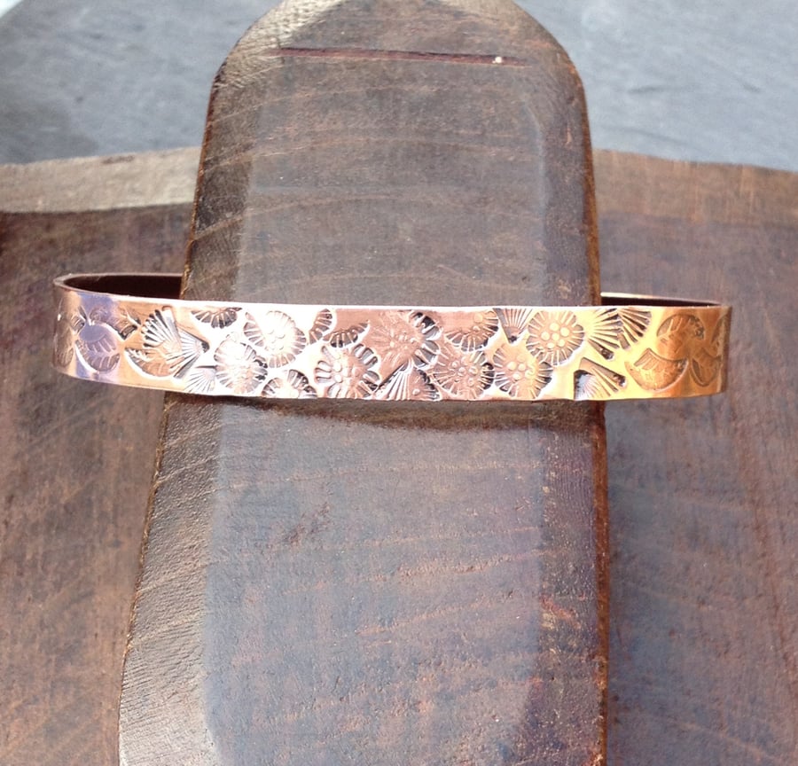 Large Copper floral stamped bracelet