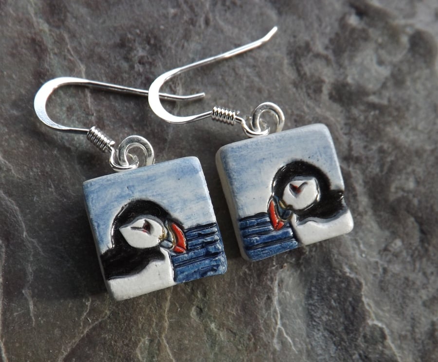 Puffin with blue sea ceramic and sterling silver drop earrings