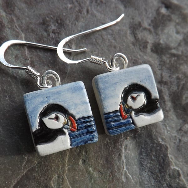 Puffin with blue sea ceramic and sterling silver drop earrings