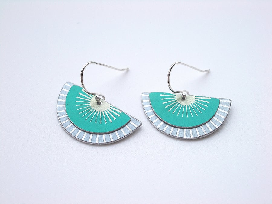 Fan earrings in teal green and grey with sunburst pattern