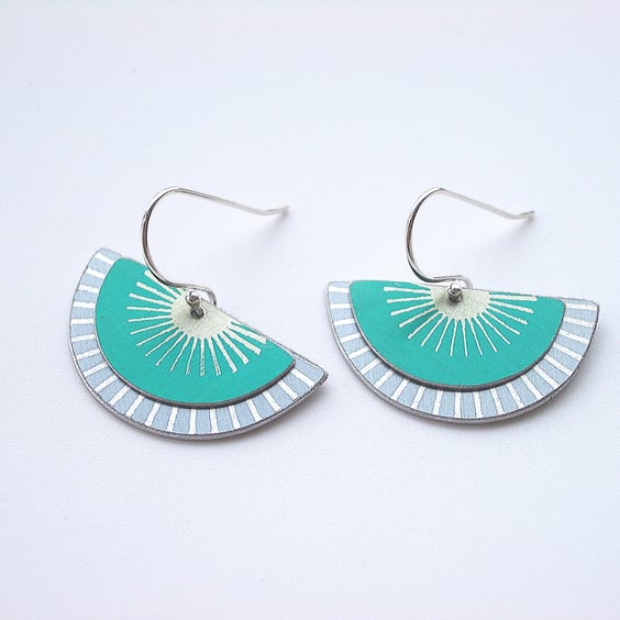 Fan earrings in teal green and grey with sunburst pattern