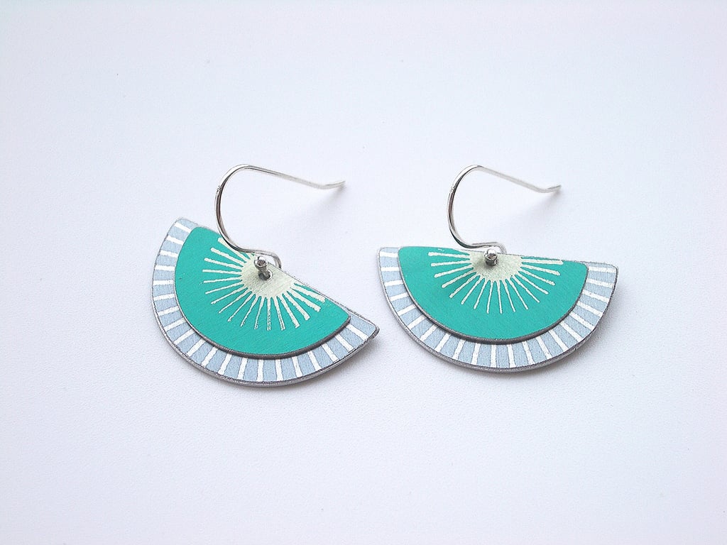 Fan earrings in teal green and grey with sunburst pattern