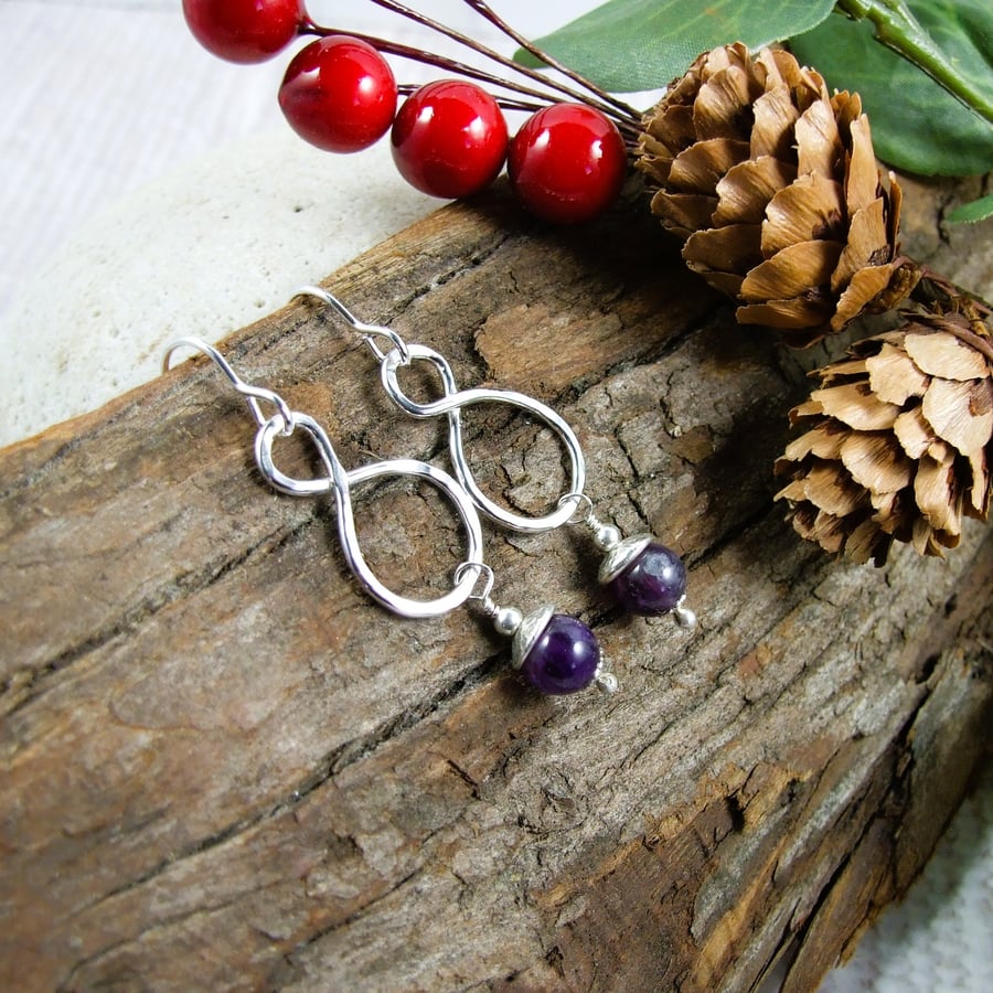 Earrings, Sterling Silver Infinity Circles and Amethyst Droppers