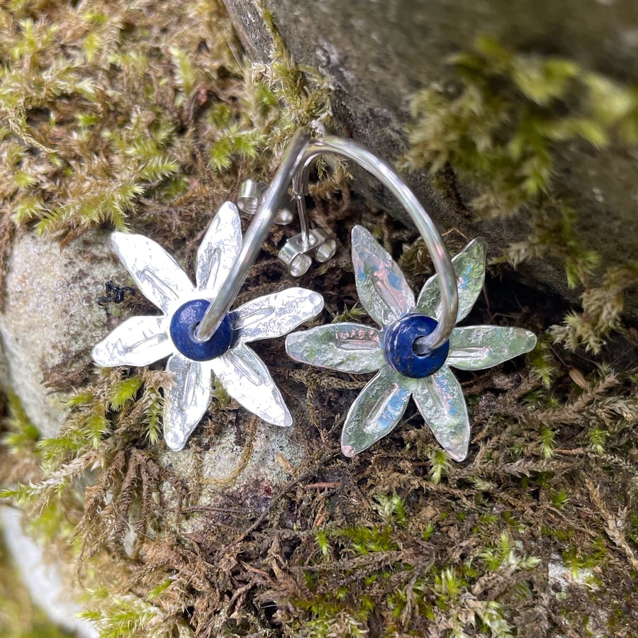 Sterling silver and lapis lazuli Flower hoop earrings