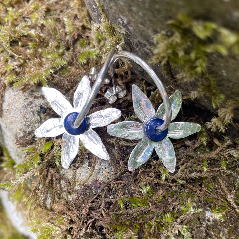 Sterling silver and lapis lazuli Flower hoop earrings