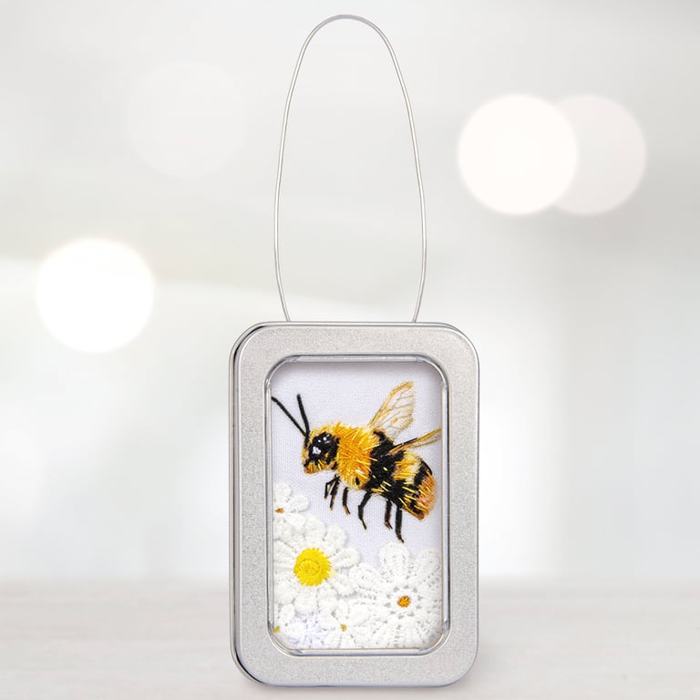 Bee, little fabric bumble bee picture framed in a tin, gift, ornament