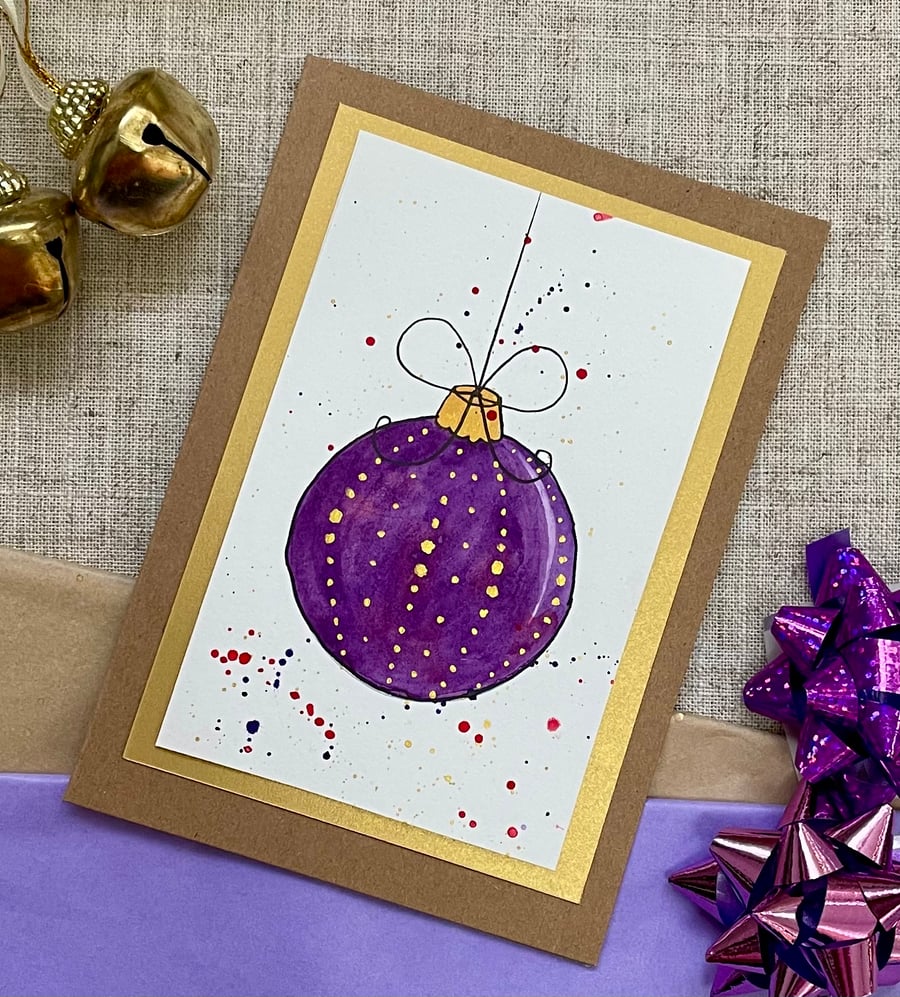 Christmas card, one of a kind, handpainted, christmas bauble in rich purple