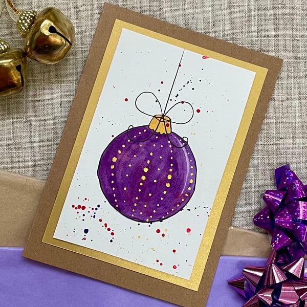 Christmas card, one of a kind, handpainted, christmas bauble in rich purple