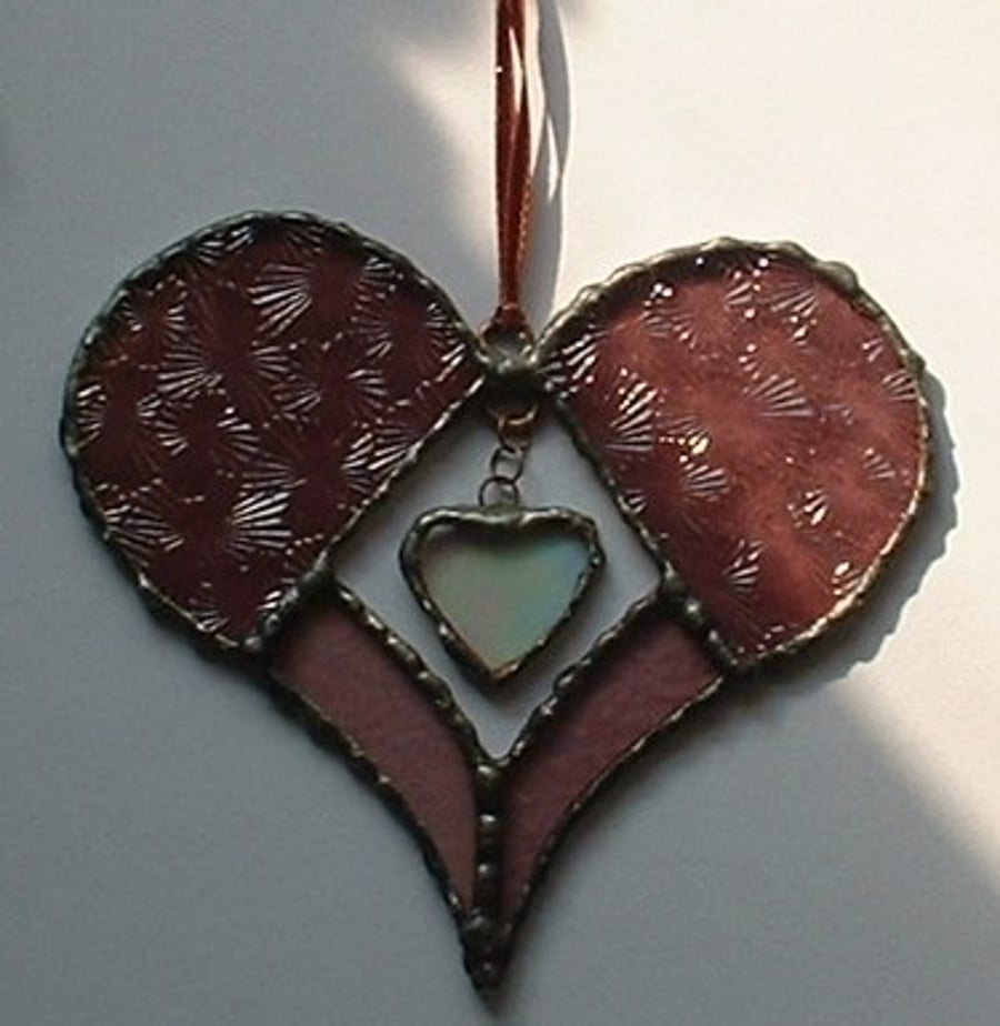 "Romance" Stained Glass Heart Suncatcher with heart dangle