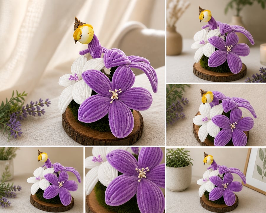 Handmade Pipe Cleaner Flower Arrangement - Everlasting Lilies & Bird Decor